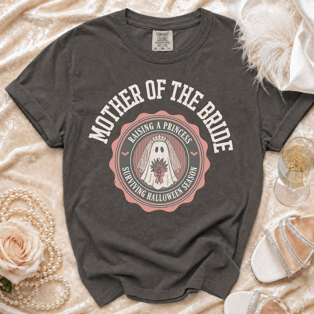 Mother of the Bride t-shirt featuring a ghost bride, "Raising a Princess" and "Surviving Halloween Season."