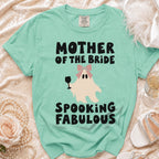 Mint green t-shirt with "Mother of the Bride Spooking Fabulous" text and ghost graphic.