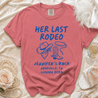 Rose-colored t-shirt with "Her Last Rodeo" and bachelorette details.