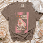 Brown Comfort Colors t-shirt with "Scared Single Married to the Boo" ghost graphic.