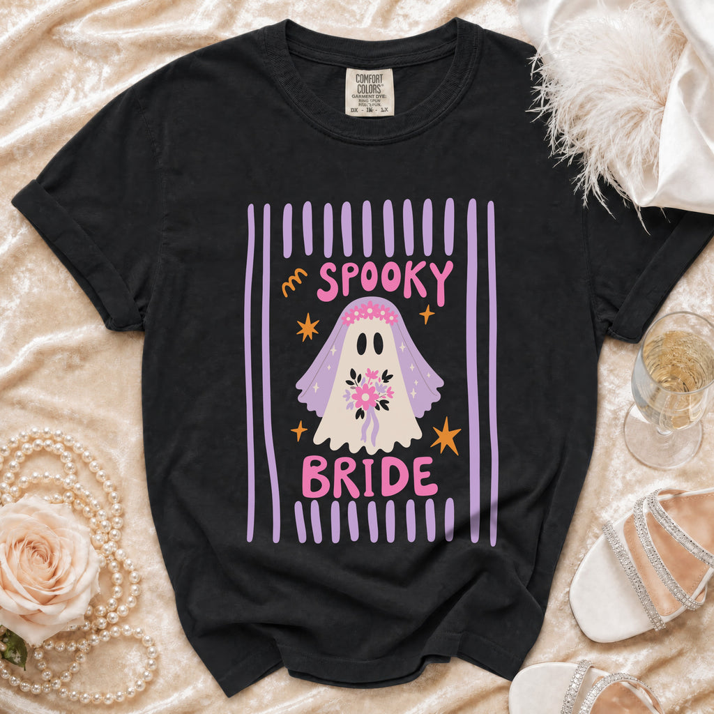 Black t-shirt with "Spooky Bride" graphic featuring a ghost bride and bouquet.