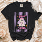 Black t-shirt with "Spooky Bride" graphic featuring a ghost bride and bouquet.