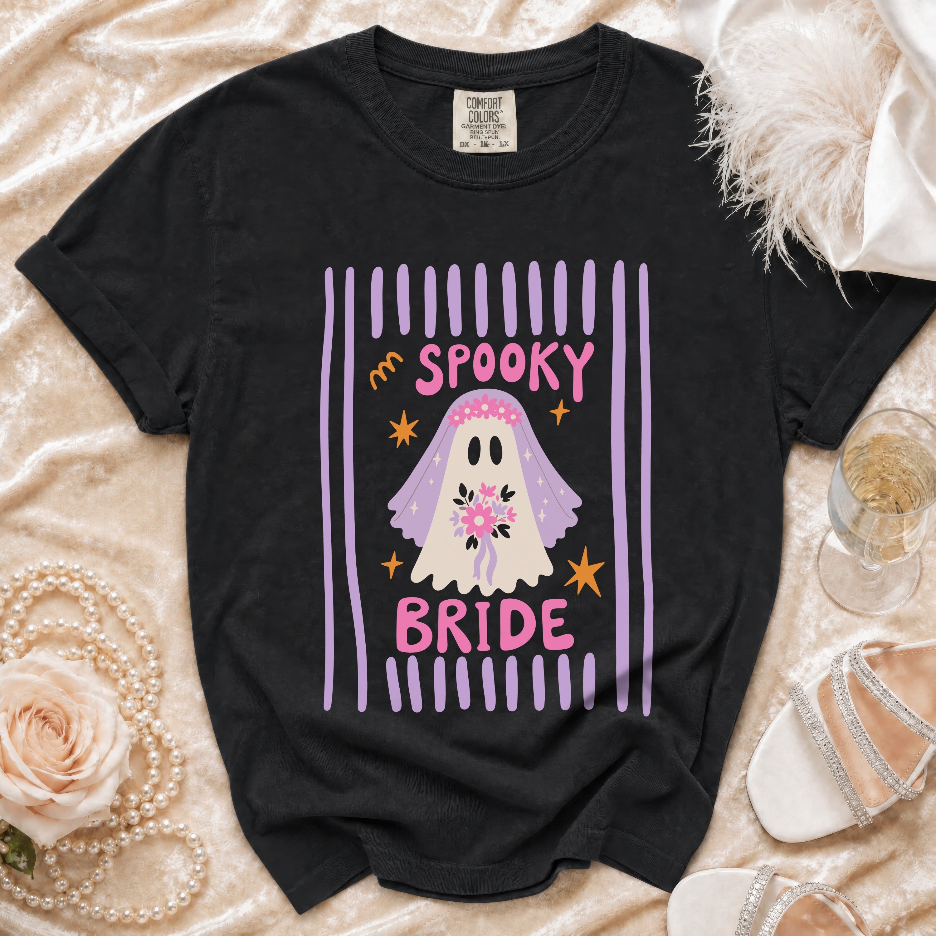 Black t-shirt with "Spooky Bride" graphic featuring a ghost bride and bouquet.