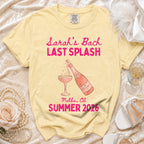 Yellow t-shirt with "Sarah's Bach Last Splash Malibu, CA Summer 2026" text.