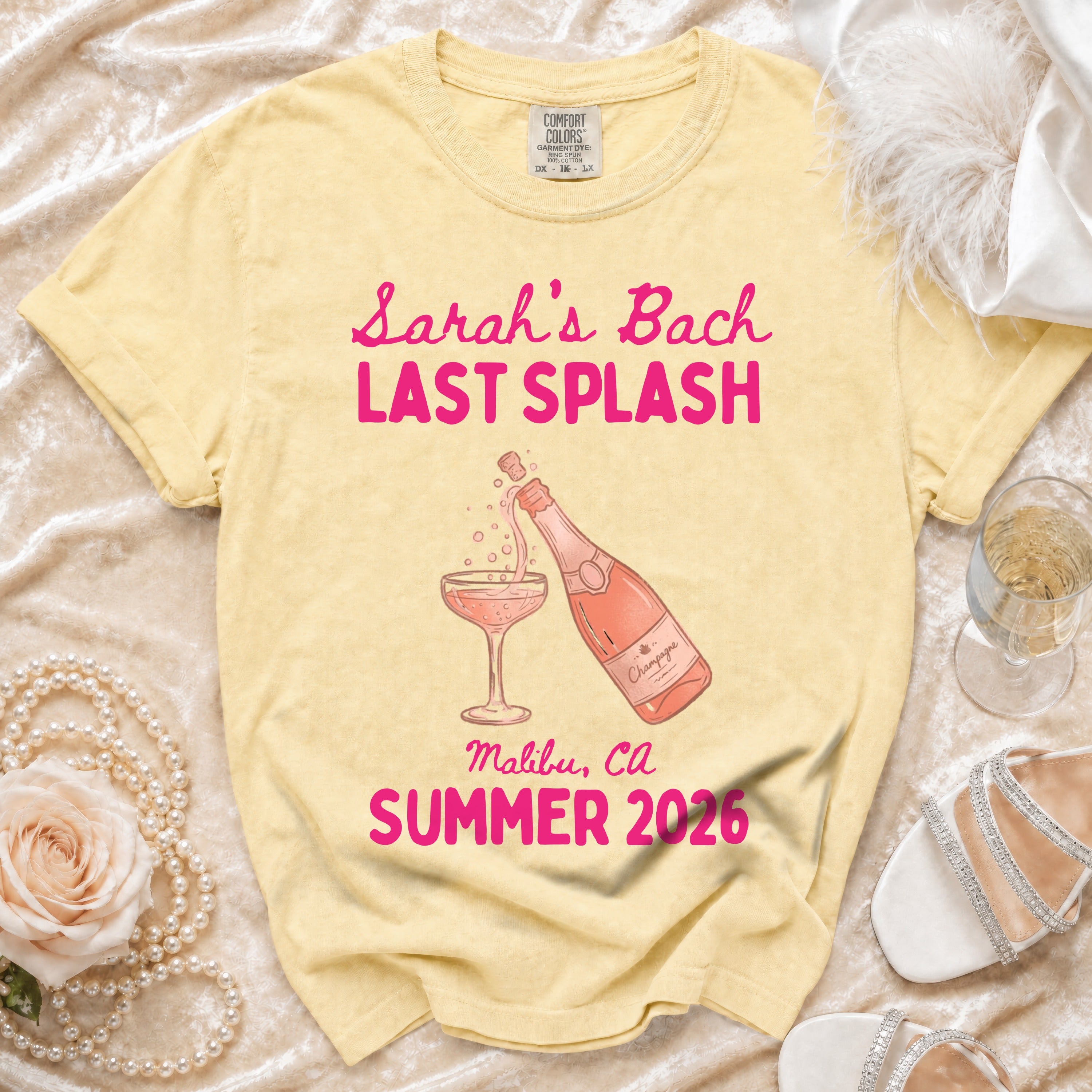 Yellow t-shirt with "Sarah's Bach Last Splash Malibu, CA Summer 2026" text.