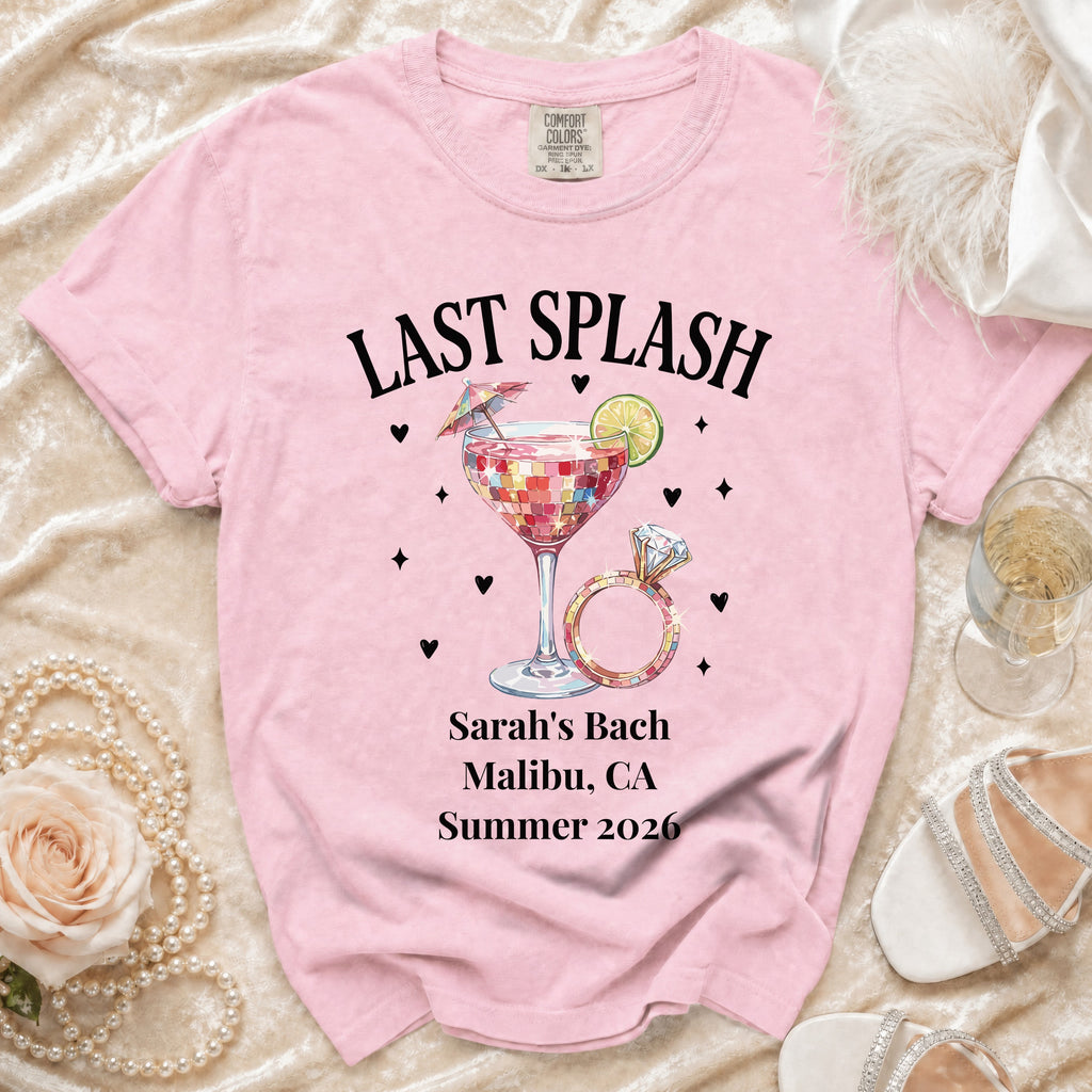 Pink t-shirt with "Last Splash" and bachelorette party details.