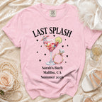 Pink t-shirt with "Last Splash" and bachelorette party details.