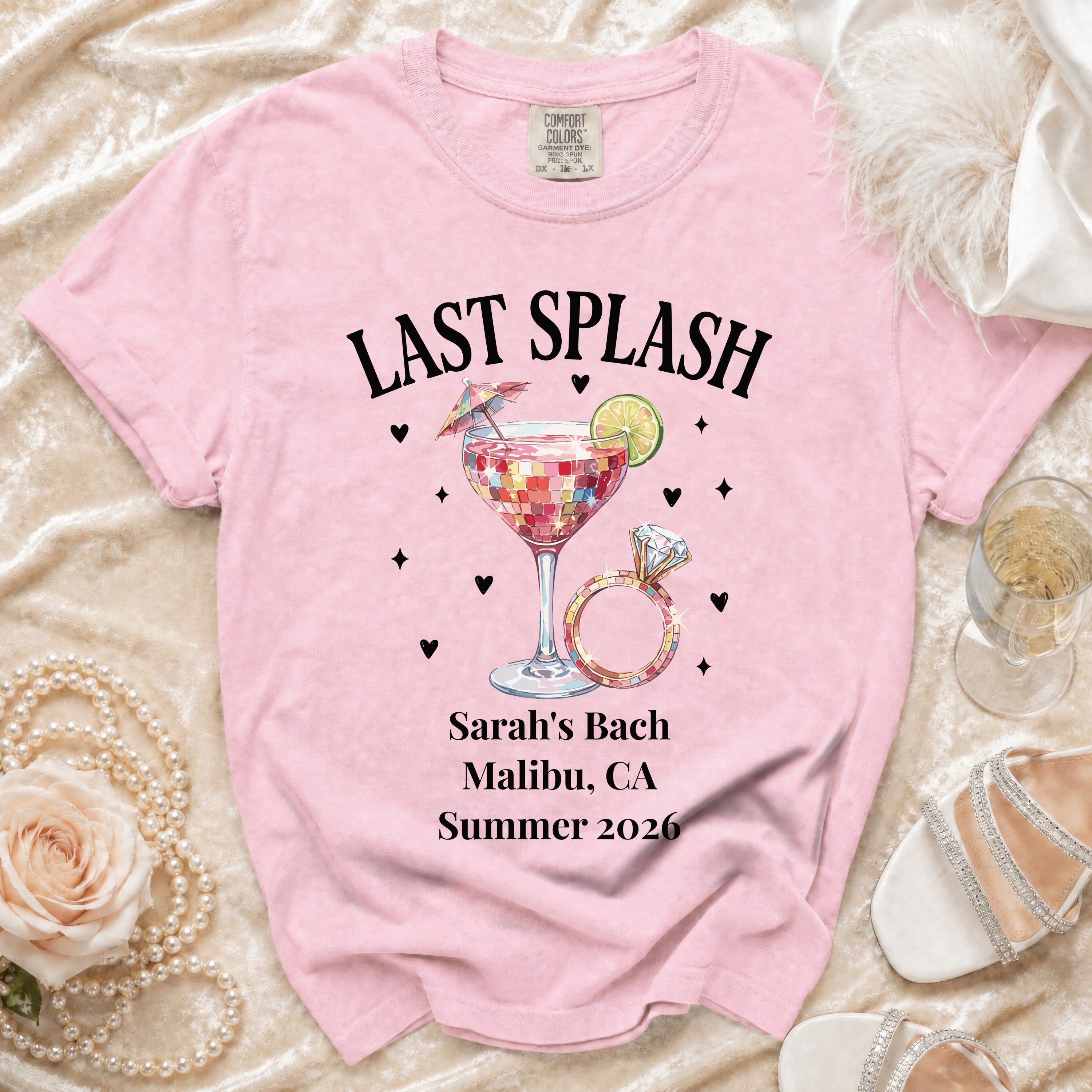Pink t-shirt with "Last Splash" and bachelorette party details.