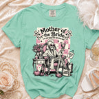 Mint green shirt with skeleton graphic: Mother of the Bride, I'm just here for the open bar.