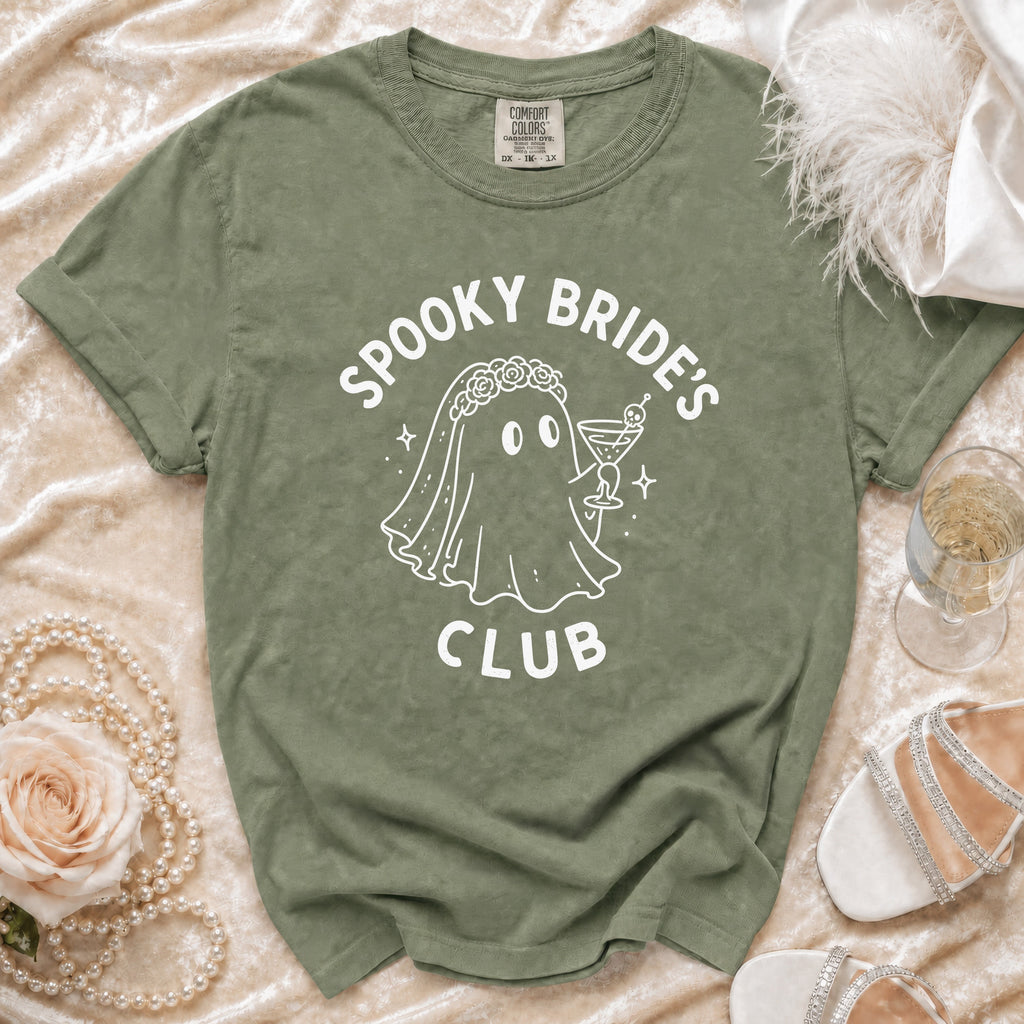 Green t-shirt with "Spooky Bride's Club" text and ghost graphic.