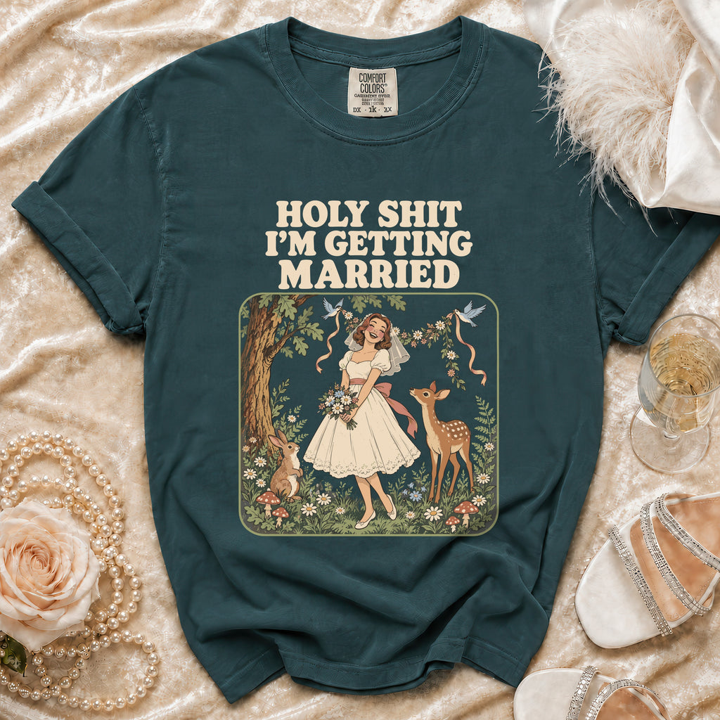 T-shirt with "HOLY SHIT I'M GETTING MARRIED" text and a bride with forest animals.