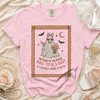 Pink t-shirt with a ghost graphic and text "Mother of the Bride Boo-tiful & Busy".