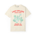 Cream t-shirt with "Last Splash Sarah's Bach Malibu, CA 2026" text and tropical graphics.