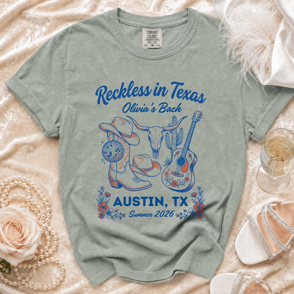 Graphic t-shirt design for "Reckless in Texas Olivia's Bach Austin TX Summer 2026."