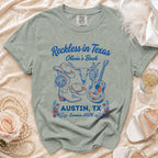 Graphic t-shirt design for "Reckless in Texas Olivia's Bach Austin TX Summer 2026."