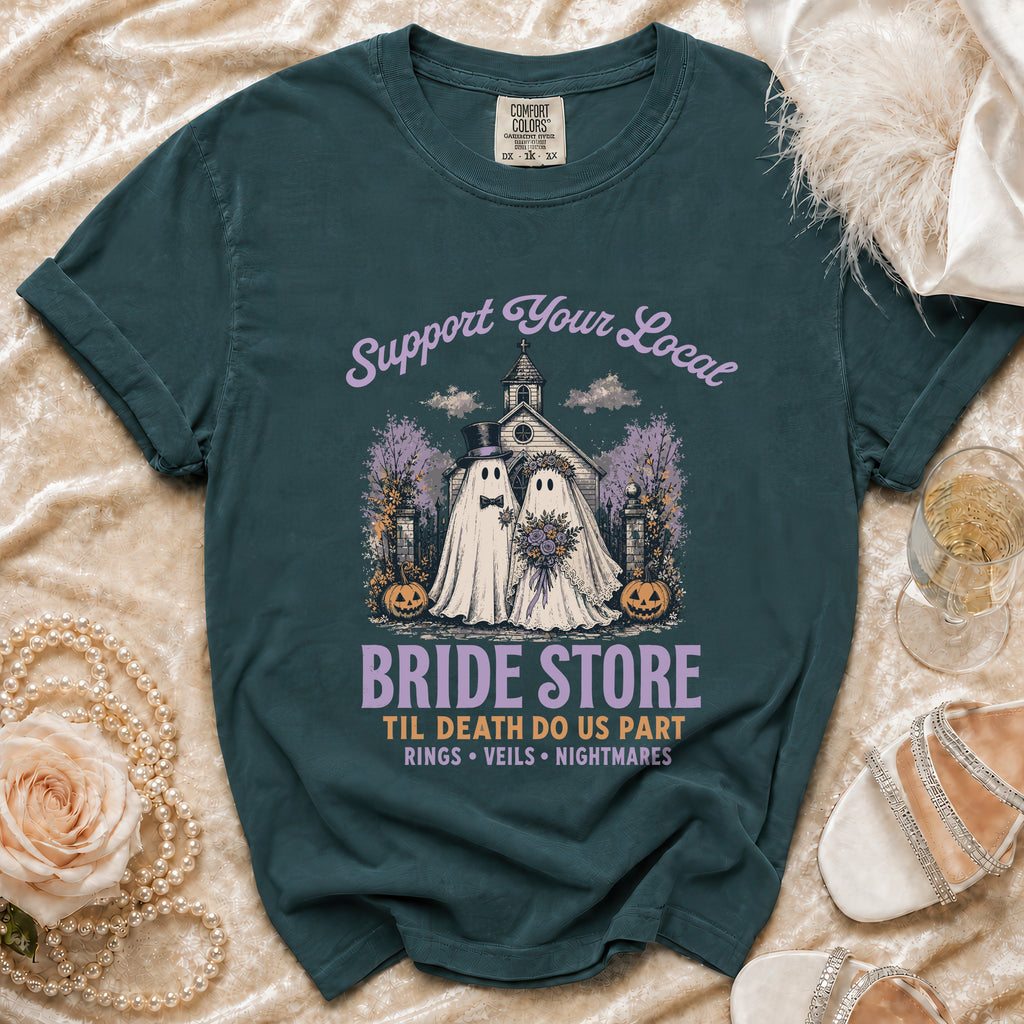 T-shirt with "Support Your Local Bride Store" and ghost couple graphic.