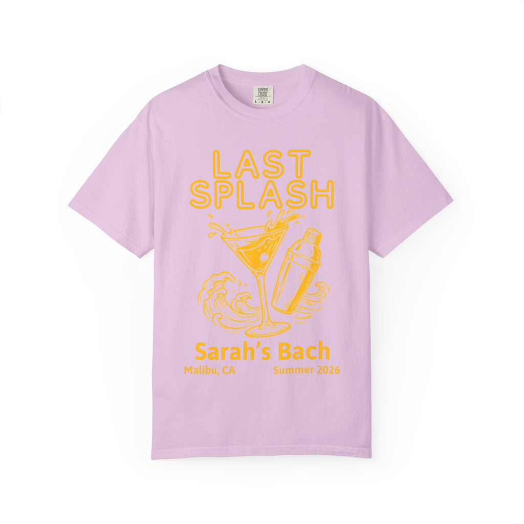Lilac t-shirt with "Sarah's Bach Last Splash" cocktail graphic.