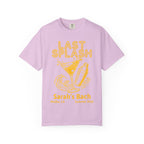 Lilac t-shirt with "Sarah's Bach Last Splash" cocktail graphic.