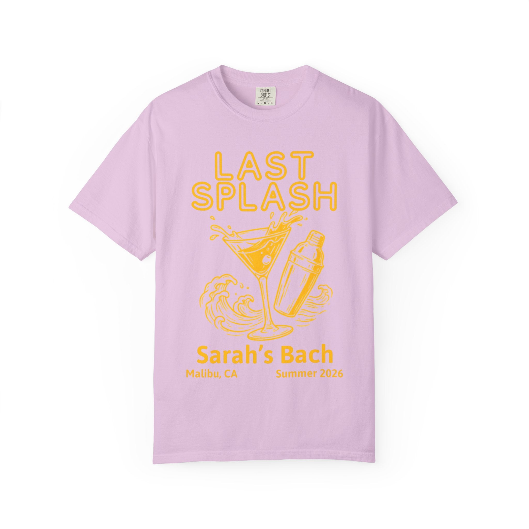 Lilac t-shirt with "Sarah's Bach Last Splash" cocktail graphic.