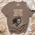 T-shirt with "Something Wicked Said 'I Do'" text and a skull bride in mirror graphic.