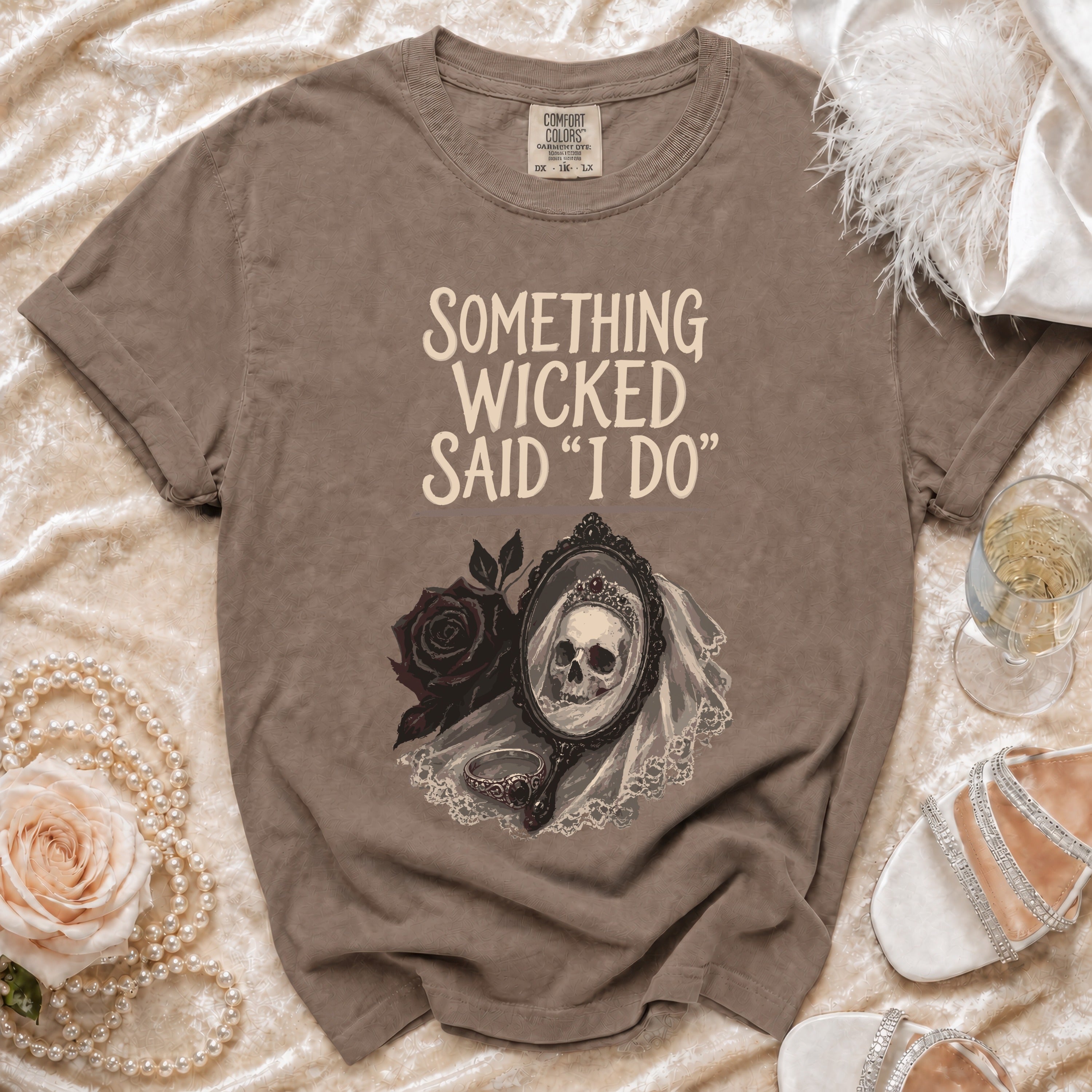 T-shirt with "Something Wicked Said 'I Do'" text and a skull bride in mirror graphic.