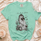 T-shirt with gothic bride in mirror, bats, moon, and text "This Bride Bites".