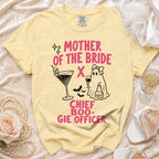 Yellow t-shirt with "Mother of the Bride x Chief Boo-gie Officer" text and graphics.