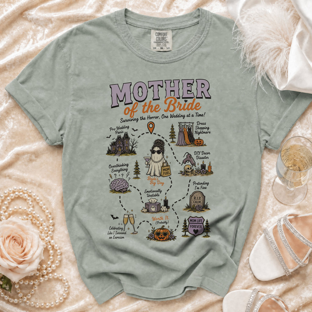 Mother of the Bride shirt with humorous wedding journey illustrations and text.