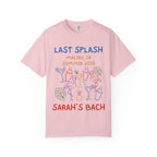 Pink t-shirt with "Last Splash Malibu, CA Summer 2026 Sarah's Bach" and colorful graphics.