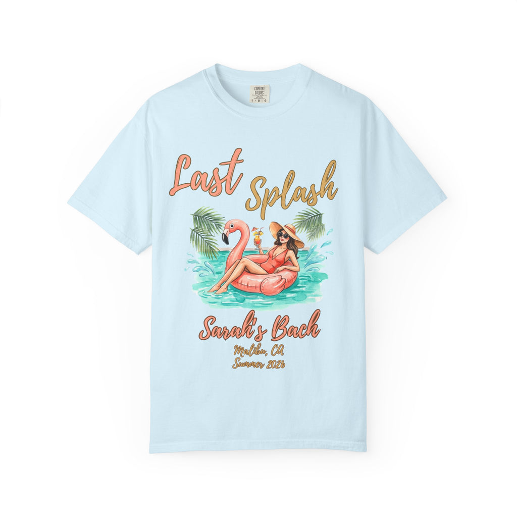 T-shirt with "Last Splash" and flamingo float graphic, Sarah's Back, Malibu, CA, Summer 2026.