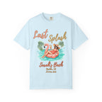 T-shirt with "Last Splash" and flamingo float graphic, Sarah's Back, Malibu, CA, Summer 2026.