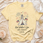 Red, White & I Do Willow's Bachelorette shirt with bride, flags, fireworks.