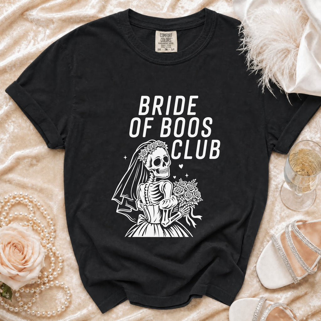 Black t-shirt with "Bride of Boos Club" text and a skeleton bride graphic.