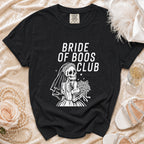 Black t-shirt with "Bride of Boos Club" text and a skeleton bride graphic.