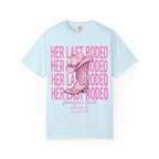 Pale blue t-shirt with "Her Last Rodeo" and cowboy boot design.