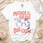 White t-shirt with "Mother of the Bride Boo Crew" text and Halloween-themed ghosts and cats.