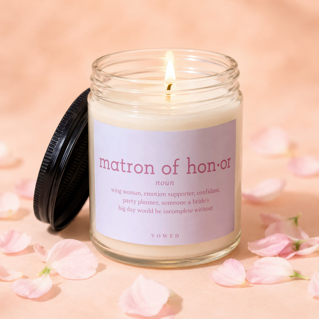 Candle with a lit wick and label defining "matron of honor."