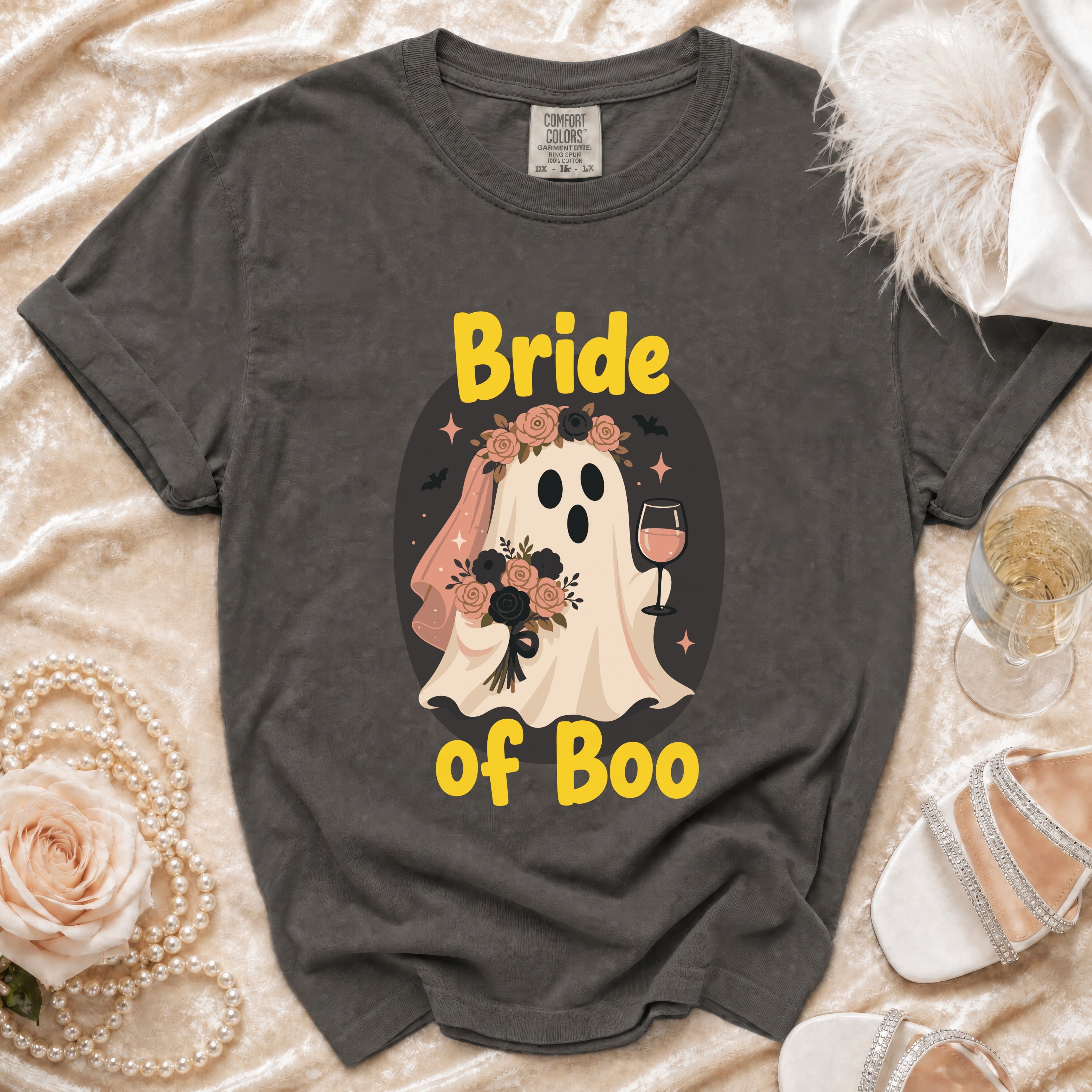 Dark grey t-shirt with "Bride of Boo" ghost graphic and wedding accessories.