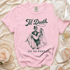Pink t-shirt with "Til Death Do Us Part" text and skeleton bride and groom graphic.