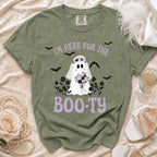 Green t-shirt with ghost bride graphic and "I'm Here For The Boo-ty" text.