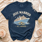Navy t-shirt with "Just Married" and cruise ship graphic.