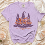 Purple t-shirt with "Mother of the Bride" and witch hats graphic.