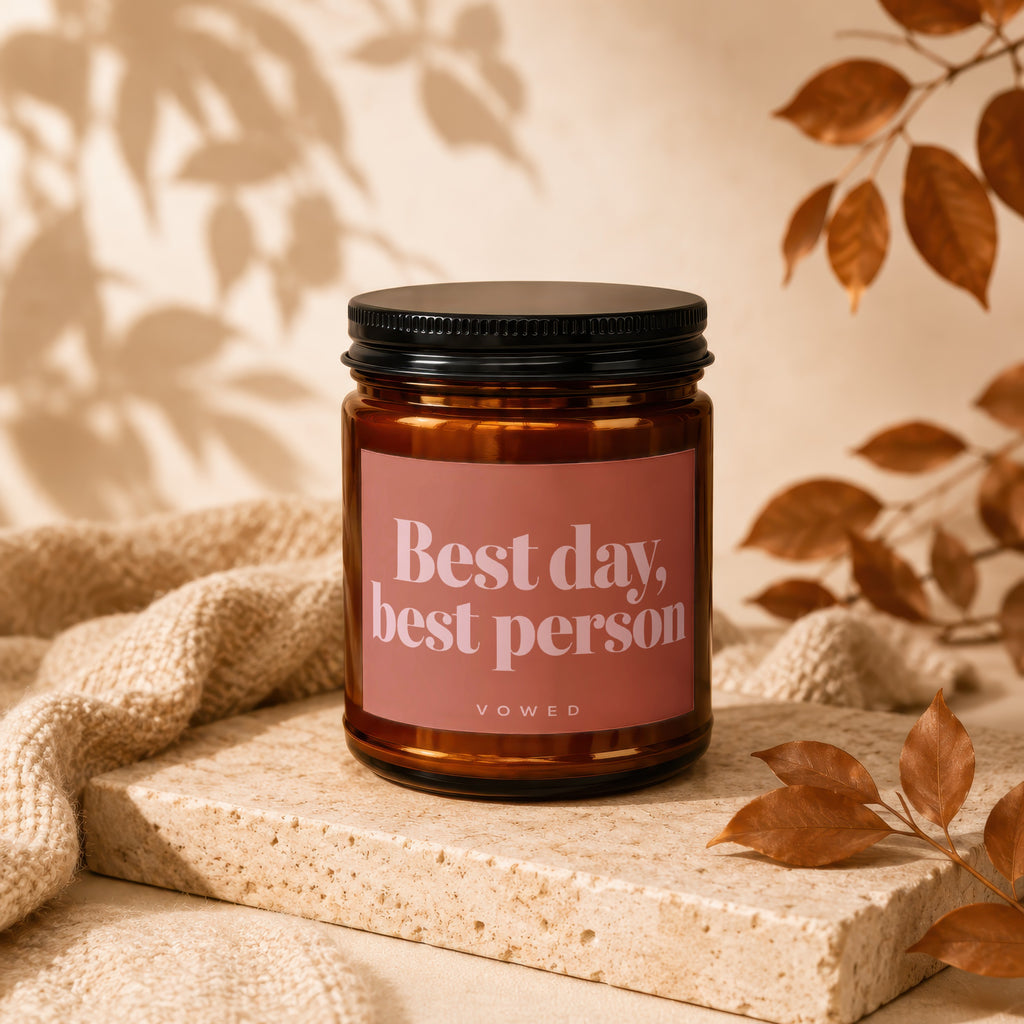 Amber jar candle with pink label reading "Best day, best person" and "vowed".
