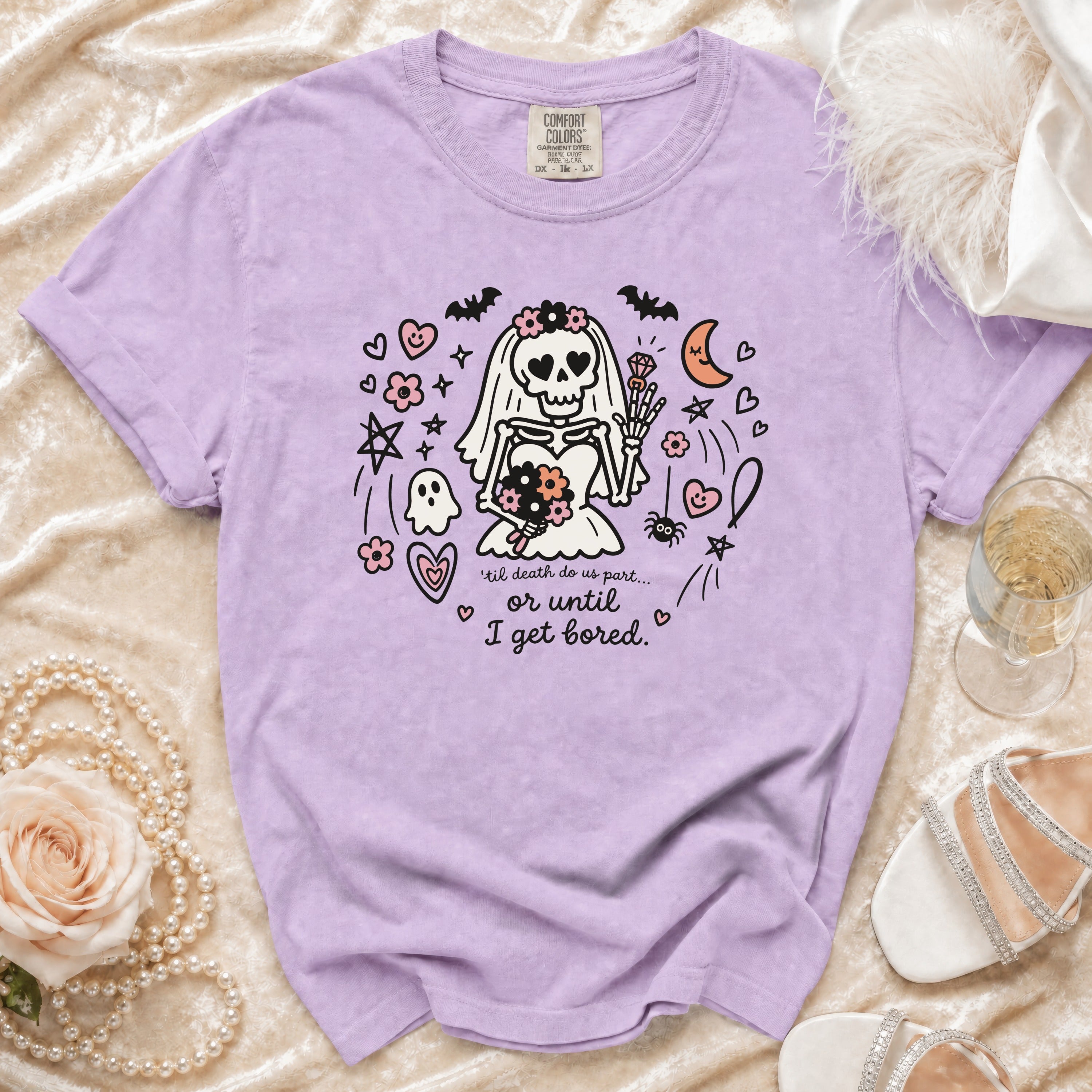Purple t-shirt with skeleton bride graphic and text "'til death do us part... or until I get bored."