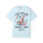 Pale blue t-shirt with "Last Splash Che!" champagne graphic for Sarah's bach party.