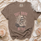 Brown t-shirt with skeleton bride graphic and text "THIS BRIDE BITES".