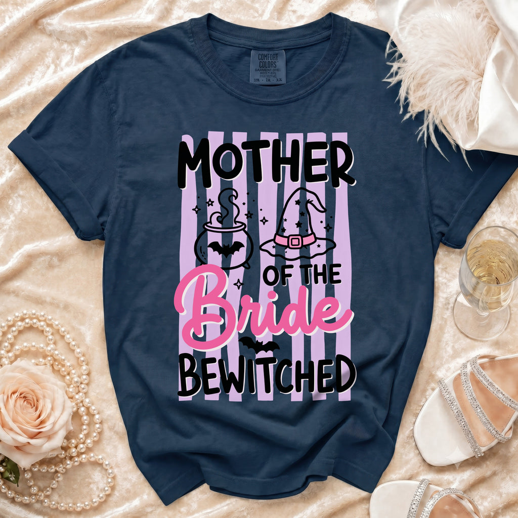 "Mother of the Bride Bewitched" graphic tee with witchy cauldron and hat design.