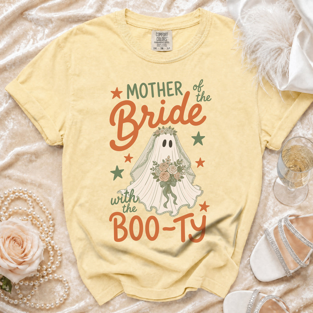 Yellow shirt with a ghost bride graphic that says "Mother of the Bride with the Boo-ty".