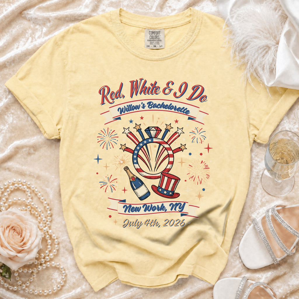 Red, White & I Do Willow's Bachelorette t-shirt with fireworks and champagne.