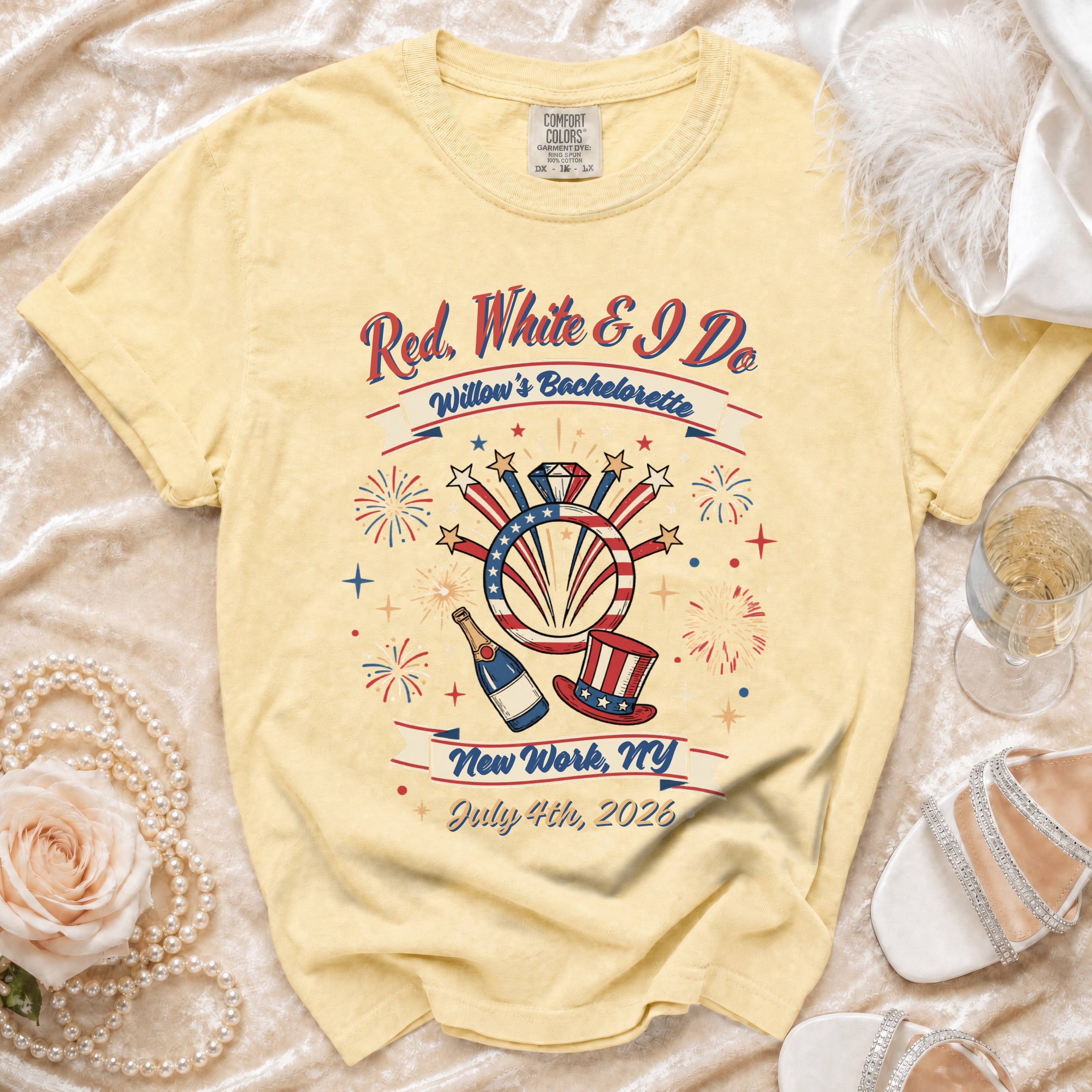 Red, White & I Do Willow's Bachelorette t-shirt with fireworks and champagne.